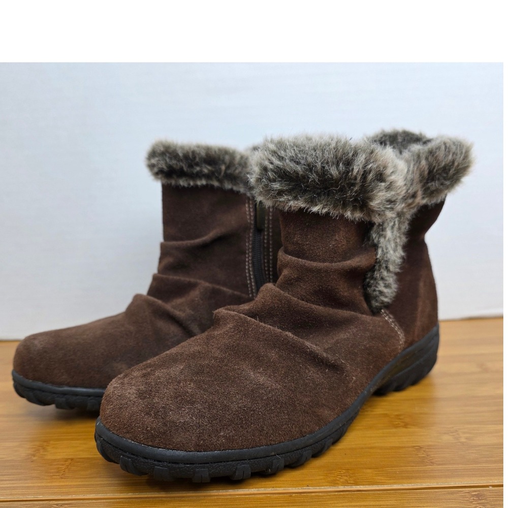 Khombu Lisa Brown Suede Leather Faux Fur Trim Winter Ankle Boots Womens 9M